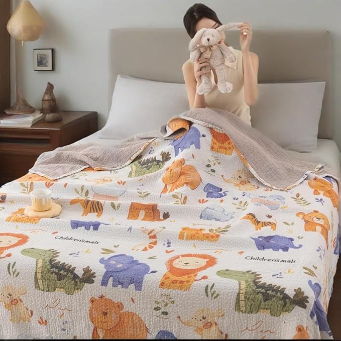 Bnitoam Animals 100% Cotton Bed Blanket Twin Size 60x80 3 Layer Muslin Blanket Cooling Breathable Lightweight Summer Gauze Throw for Hot Sleepers Adult Birthday Gift (Print Animals 60x80)