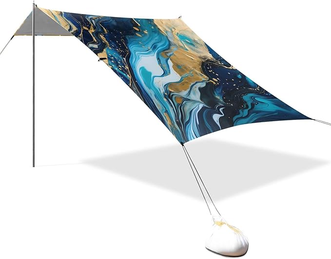 ALAZA Blue &amp Gold Marble Beach Tent Sun Shelter UPF50+ Protection Beach Shade Canopy w/ 4 Sandbags for Outdoor Camping Fishing Backyard Fun Picnic 10x9 ft