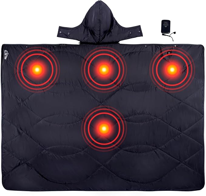 iClimb Heated Camping Blanket with Hood and 5V 5000mAH Battery Pack (Black)