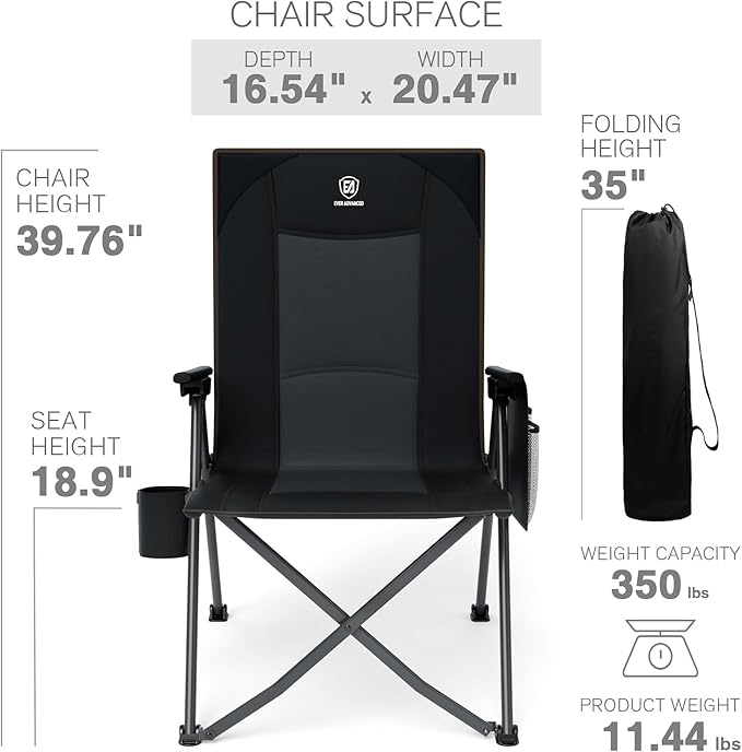 EVER ADVANCED Reclining Camping Chairs for Adult Lightweight Folding Recliner Chair with Adjustable Back 4-Level Lounge Chairs Portable Lawn Chairs for Patio Balcony Supports 350lbs Black