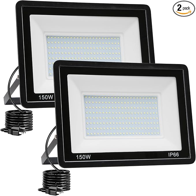 2 Pack 150W LED Flood Light Outdoor15000LM Work Spotlight with US Plug6500K Daylight WhiteIP66 Waterproof Exterior Security Floodlights for YardGardenBackyardPatioStadiumParking Lot
