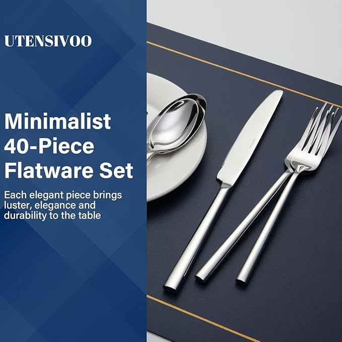 40-Piece Silverware Set for 8Minimalist Flatware Set 18/10 Stainless SteelFine Cutlery Set with Forks Knives SpoonsDurable and Elegant Design TablewareDishwasher Safe