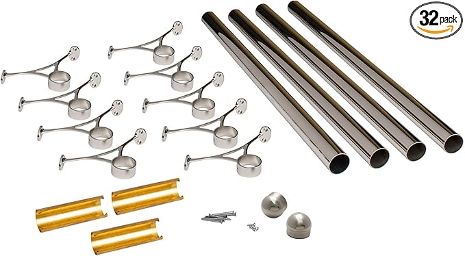 Outwater 2 Diameter x 32' Bar Foot Rail Kit – Complete Undercounter Mount Hardware and Tubing Dome End Cap Polished Chrome Finish