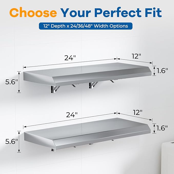Stainless Steel Folding Shelf 24 x 12 for Food Truck Fold Down Concession Shelf for Serving Kitchen Prep