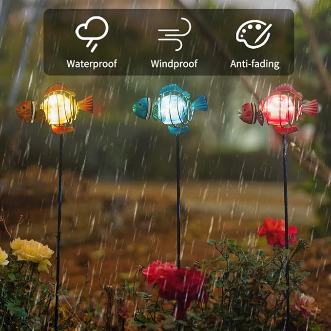 Fish 3Pack 21.3''H Outdoor Figurine Lights Multicolor Clownfish Solar Garden Decor with Led Lights Decorative Garden Stake for Yard Patio Lawn