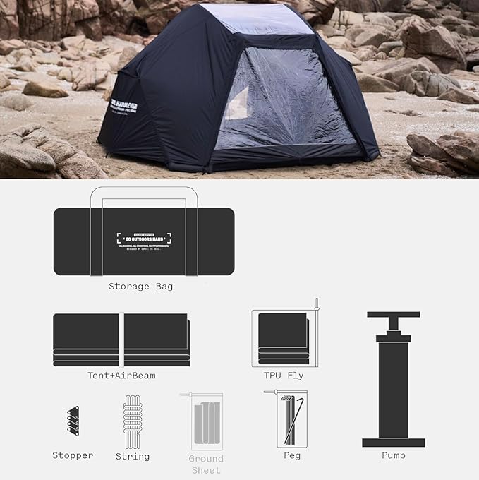 2025 Upgraded Crab 4P Canvas Inflatable Camping Tent with Rainfly Pump Groundsheet TPU Door Easy Setup Blow Up Air Tent for Camping Air Tent with Mesh Skylight Windows&ampDoors