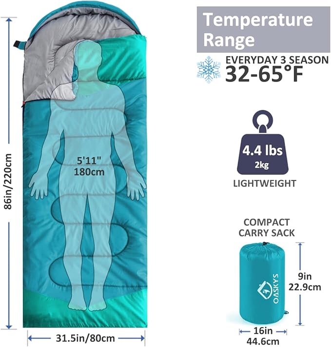 oaskys Camping Sleeping Bag - 3 Season Warm &amp Cool Weather - Summer Spring Fall Lightweight Waterproof for Adults Kids - Camping Gear Equipment Traveling and Outdoors