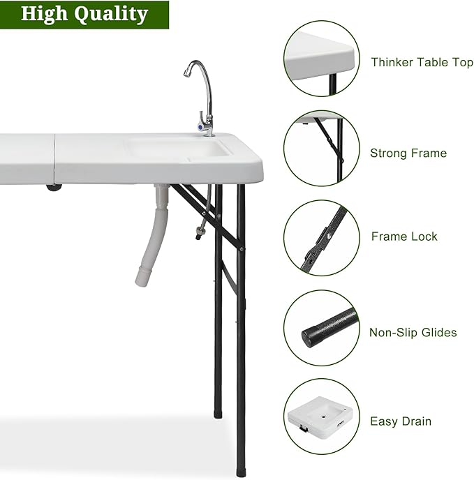 VINGLI Fold in Half Folding Fish Cleaning Table with Sink Bi-Folding Outdoor Portable Camping Game Sink TableFish Fillet Cutting Table with Drainage Hose for Patio Backyard BBQ