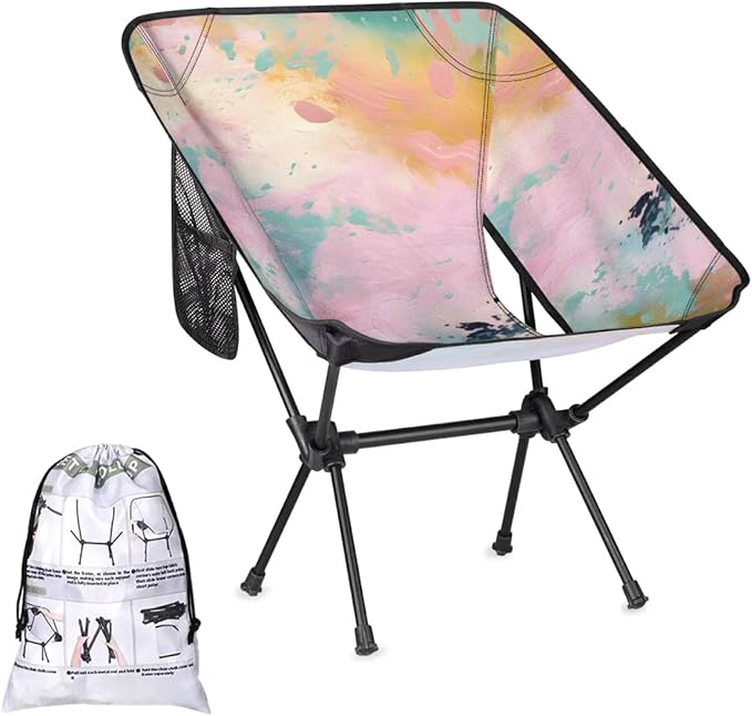 Portable Camping Chair Tie Dyeing Ultralight Folding Camping Chair Pink Watercolor Backpacking Hiking Chair with Cup Holder for Outdoor Travel Beach Picnic Festival Compact Portable 176 lbs Capacity