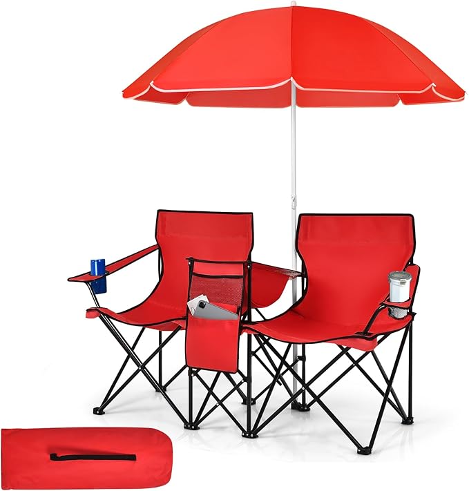 Tangkula Double Camping Chairs with Umbrella Portable 2 Seat Folding Camp Chair with Cooler Bag Beverage Holder Carrying Bag Foldable Lawn Chair for Outside Fishing Picnic Beach