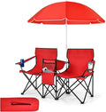 Tangkula Double Camping Chairs with Umbrella Portable 2 Seat Folding Camp Chair with Cooler Bag Beverage Holder Carrying Bag Foldable Lawn Chair for Outside Fishing Picnic Beach