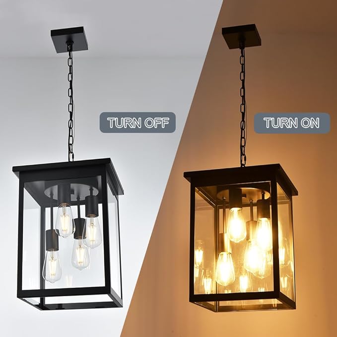TODOLUZ Large Outdoor Pendant Light Fixtures 4-Lights Black Exterior Ceiling Hanging Lanterns with Clear Glass Farmhouse Outdoor Chandelier for Front Door Entry Patio