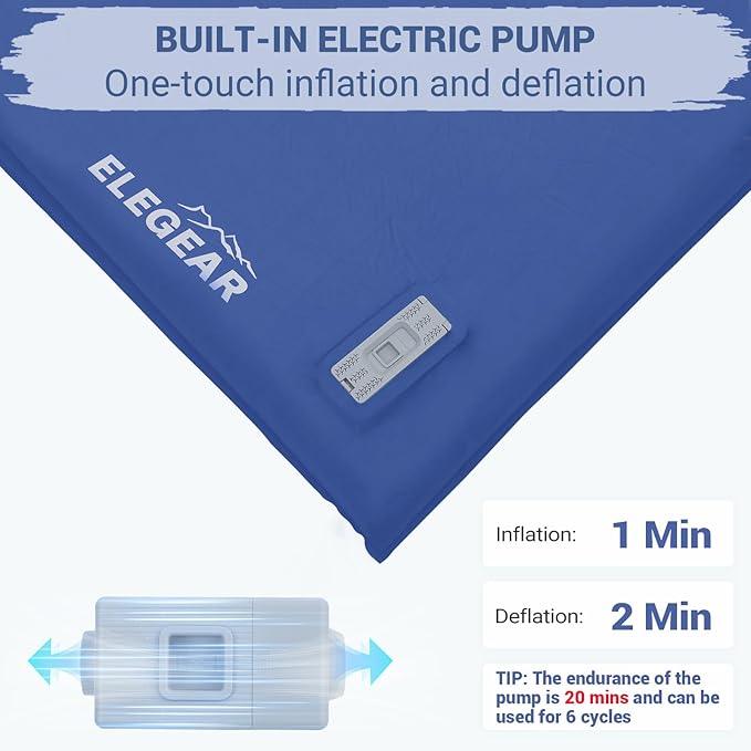 Elegear CumbreX™ Self Inflating Sleeping Pad Built-in Electric Pump 3.15 Ultra-Thick Memory Foam Camping Mattress Pad with Pillow Double Sleeping Pad for Camping R-value 9.5 Foam Camp Pad for Travel