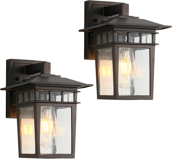 Outdoor Lighting Fixtures Wall Mount Exterior Wall Sconces Set of Two Brown Outdoor Porch Lights with Seeded Glass for Garage Front Door House