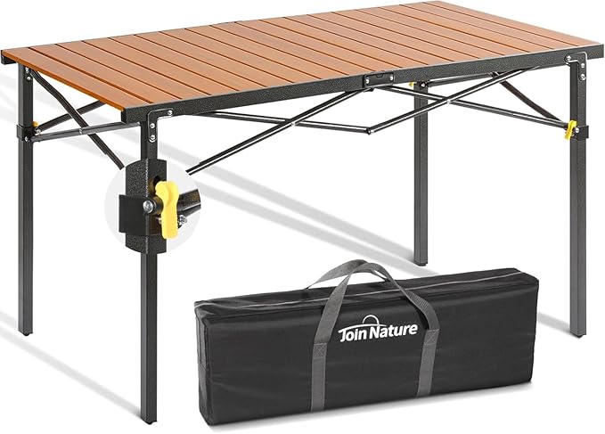 46.4 Large Folding Camping Table for 2-6 People - Heavy Duty Camp Table Foldable with Aluminum Roll-Up Top &amp Carry Bag - 220lbs Capacity Portable for BBQ Tailgating Backyard (Natural)