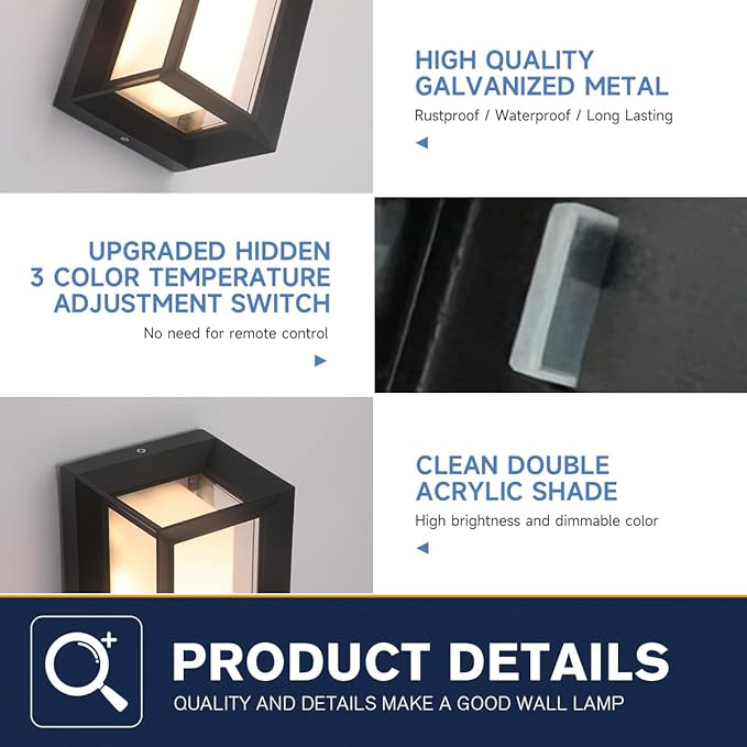 Outdoor Modern Wall Sconce Lights15%-100% Dimmable Indoor Wall Light Fixtures3000K/4000K/6500K Adjustable24W Exterior Wall LightingWaterproof Outdoor Porch Light2160LM Indoor Wall Sconce 1 Pack