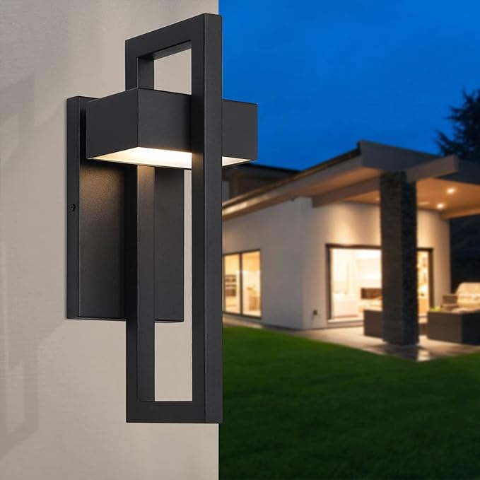 Krychiler 13.6 Inch Contemporary Outdoor Wall Lights with 3000K Integrated LED 2 Packs Matte Black Metal Modern Exterior Lighting Fixtures Outside Wall Mount for House Porch Patio Garage Front Door