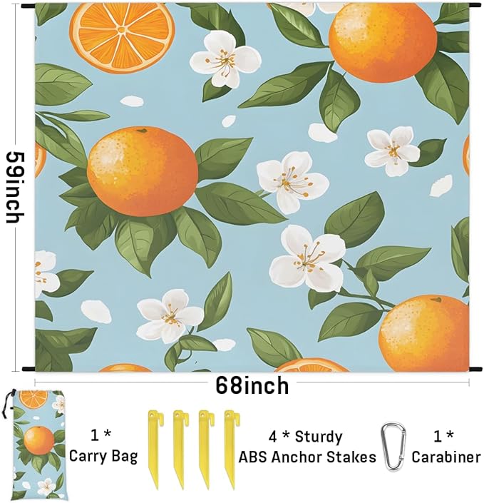 Waterproof Sandproof Beach Blanket 59''×68'' Fruit Orange Blossom Polyester Outdoor Picnic Blanket with 4 Stakes &amp Storage Bag for BeachCampingVacation