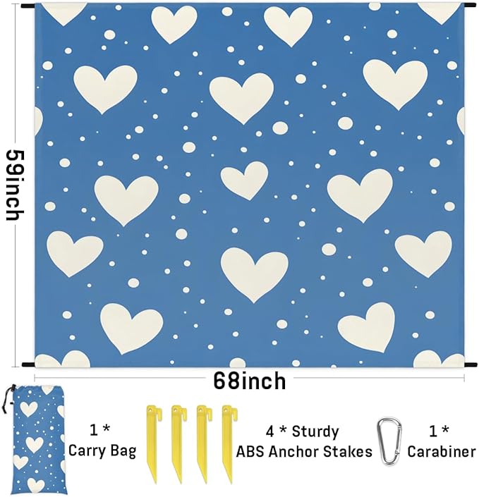 Waterproof Sandproof Beach Blanket 59''×68'' White Polka Dot Heart Polyester Outdoor Picnic Blanket with 4 Stakes &amp Storage Bag for BeachCampingVacation