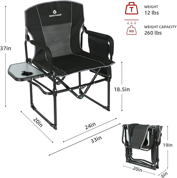 ROCK CLOUD Folding Camping Chair with Storage Pocket and Side Table Compact Portable Camp Chairs Outdoor for Camp Lawn Hiking Fishing Sports