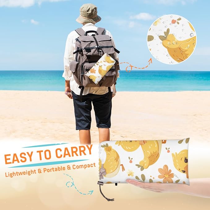 Waterproof Sandproof Beach Blanket 59''×68'' Ducks Polyester Outdoor Picnic Blanket with 4 Stakes &amp Storage Bag for BeachCampingVacation White