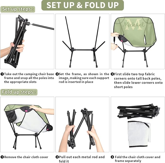 Custom Sage Green Portable Camping Chair Personalized Backpacking Chair with Name Lightweight Foldable Chairs for Hiking Beach