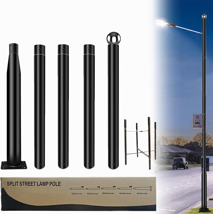 Street Light Pole 16 Ft Tall - Outdoor Adjustable Heavy Duty Metal Street Lamp Post for Outside Solar Street Lights with Mounting Rebar Cage Base for BackyardParking LotWalkway