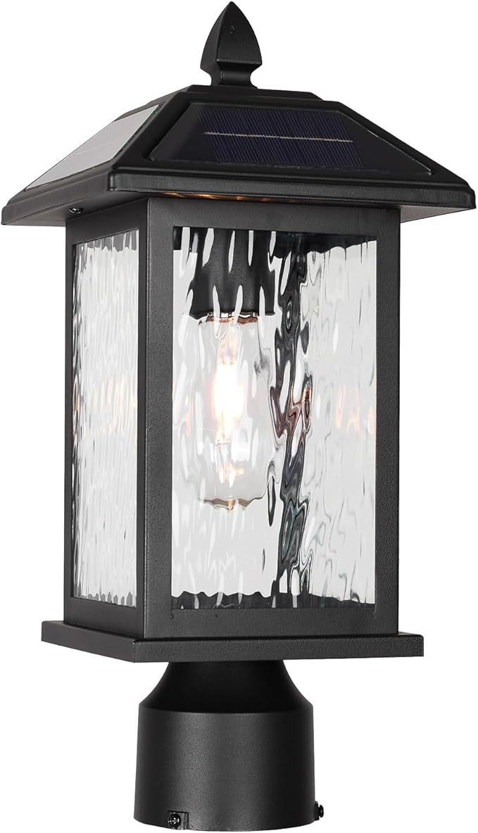 Solar Outdoor Post Light FixtureDusk to Dawn Modern Exterior Pillar Lantern with Black Finish &amp Water Ripple GlassWaterproof Outside Pole Light for Garden Backyard Courtyard
