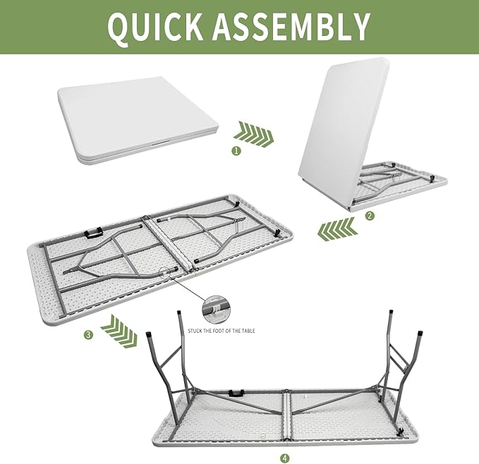 6ft Folding Table Portable Heavy Duty Plastic Utility Foldable Table Indoor Outdoor for Camping Party with Handle Lock - White