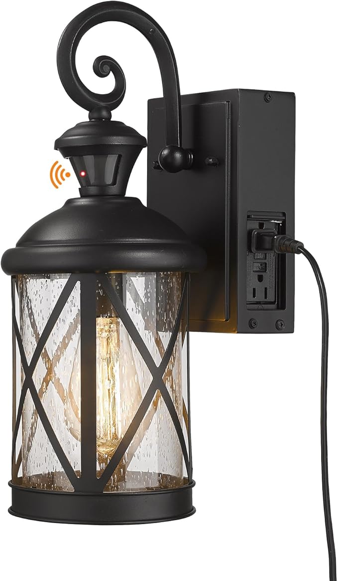 Darkaway Motion Sensor Outdoor Wall Light Dusk to Dawn Outdoor Porch Light with GFCI Outlet Waterproof Exterior Wall Sconce with Seeded Glass Black Wall Mount Lighting Fixture for House Patio Garage