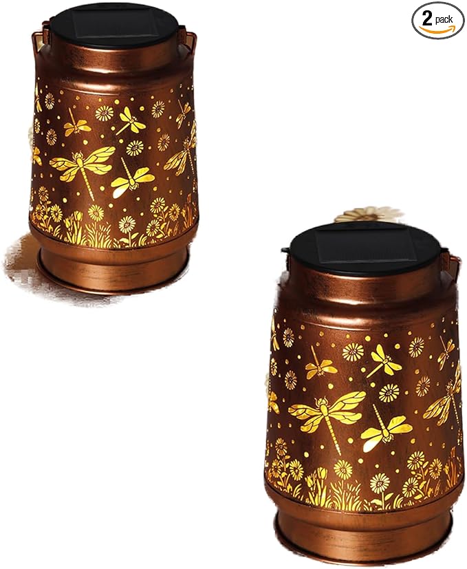 2 Pack Dragonfly Solar Lanterns Outdoor Waterproof Rose Garden Decor Gifts for Women Mom Grandma Hanging Solar Lights Metal Lantern Decoration Outside for YardPatioBackyardPorch