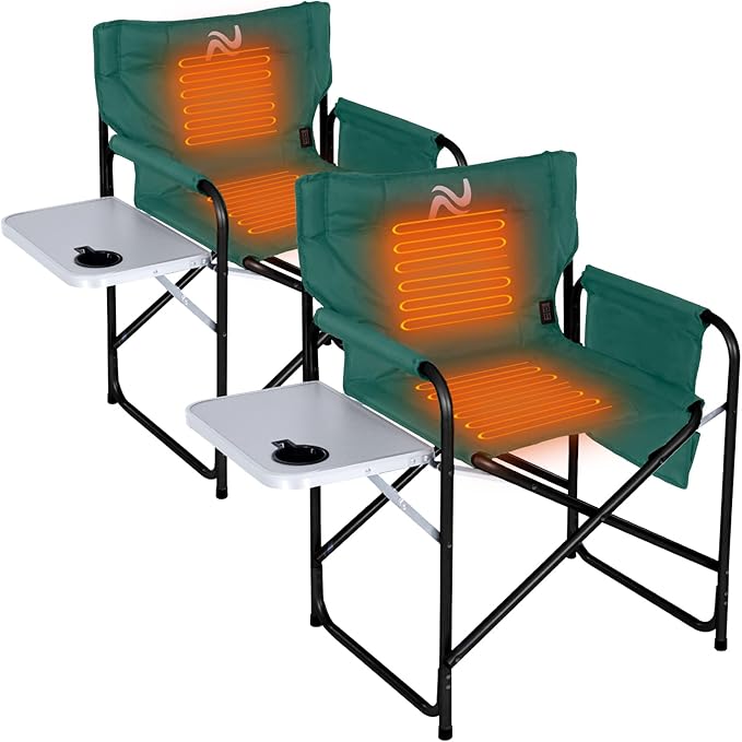 NAIZEA Heated Director Chair-Heated Camping Chair for Adult Oversized Outdoor Chairs with Side Table Pockets Makeup Folding Chairs Supports 550lbs(Power Bank Not Included)