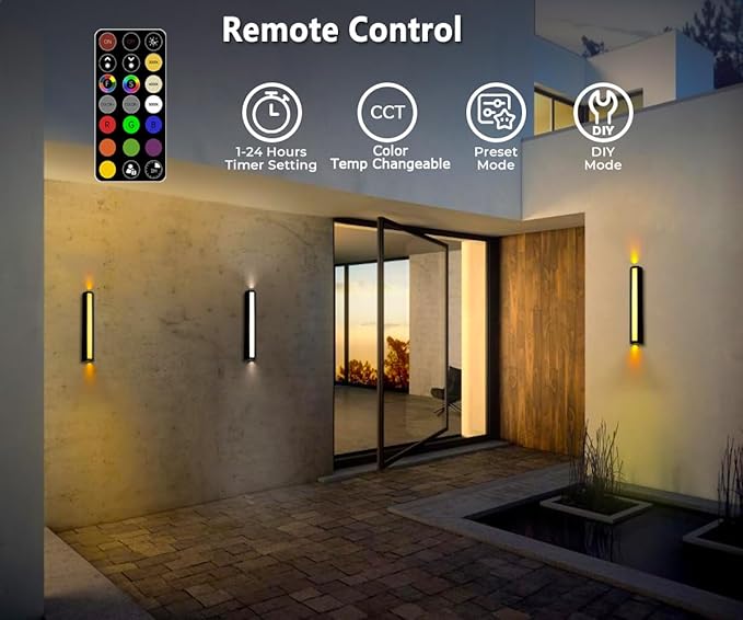 RGB Outdoor Wall Lights 23.6” LED Long Exterior Porch Sconce Lights Wall Mount Up and Down Patio Lighting Fixtures with Remote Control for House Garage 1 Pack