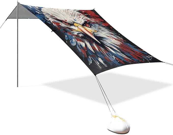 ALAZA American Flag Eagle Head Beach Tent Sun Shelter UPF50+ Protection Beach Shade Canopy w/ 4 Sandbags for Outdoor Camping Fishing Backyard Fun Picnic 10x9 ft
