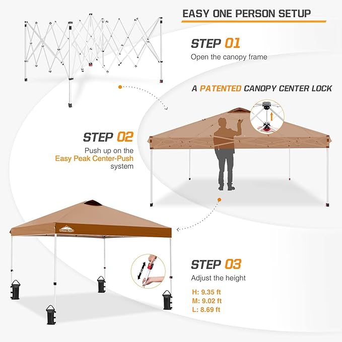 EAGLE PEAK Pop Up Canopy Tent with Wheeled Carry Bag 8 Stakes 4 Ropes 4 Weight Bags Easy Set Up Tent Canopy 10x10 ft 100sqft of Shade Khaki
