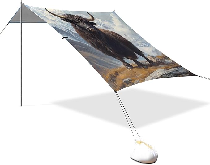 ALAZA Black Yak Snow Mountain Beach Tent Sun Shelter UPF50+ Protection Beach Shade Canopy w/ 4 Sandbags for Outdoor Camping Fishing Backyard Fun Picnic 10x9 ft