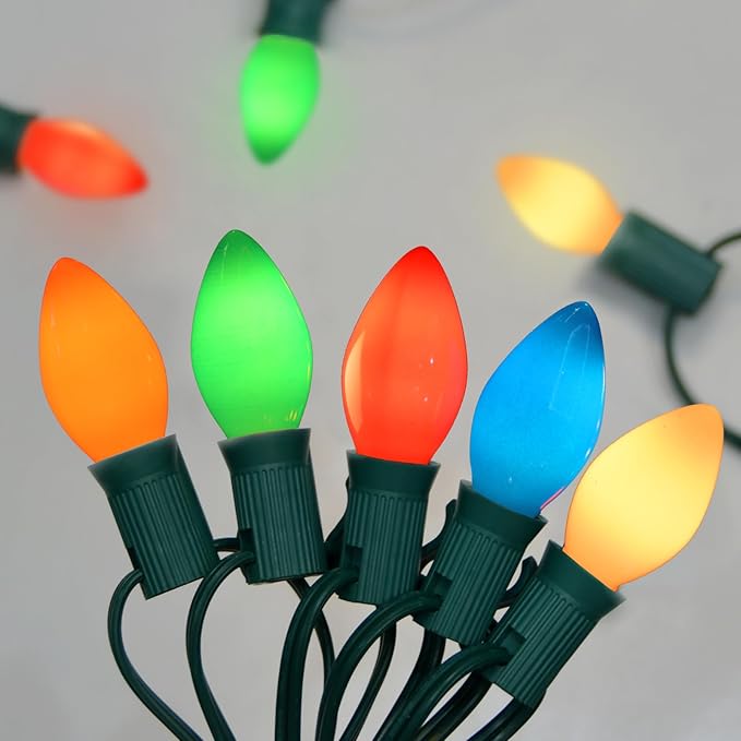 C7 LED Colored Christmas Lights Outdoor 25FT Vintage Colored Christmas Lights with 25 LED Ceramic Glass Multicolor Bulbs for Xmas Roofline Indoor Outdoor Garden Patio Yard Decoration Green Wire
