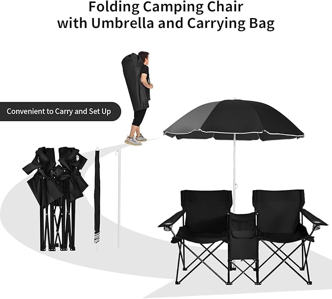 Goplus Double Camping Chair with Umbrella Folding Loveseat Chairs w/Canopy Shade Carrying Bag Table Cup Holder Portable Beach Chairs Outdoor Picnic Patio (Black)