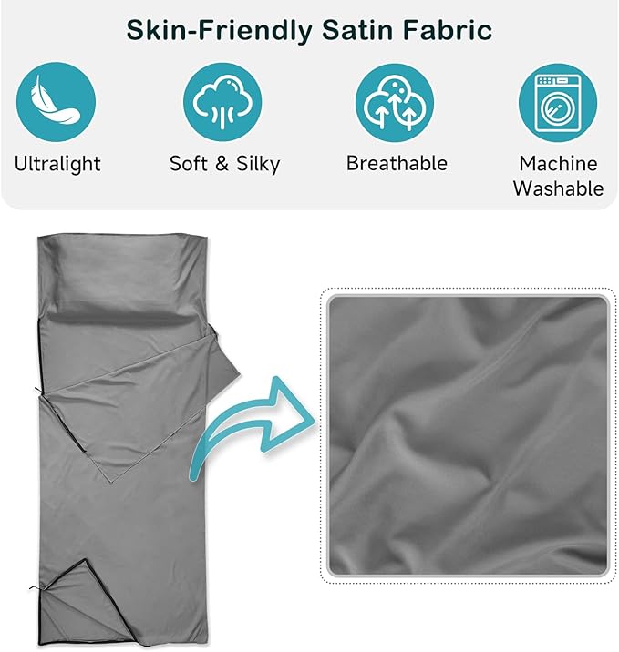 Sleeping Bag Liner Ultralight Silky Satin Adult Sleep Sack &amp Self Tan Sleep Sack with Two-Way-Zipper Single Camping Sheet &amp Travel Sheets for Hotel