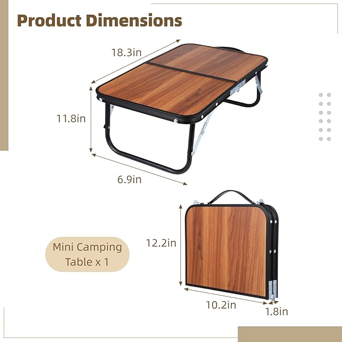 Mini Camping Table Compact Walnut Wood Folding Side Low Table for Camp Foldable Lightweight and Portable Table for Picnic Travel Beach