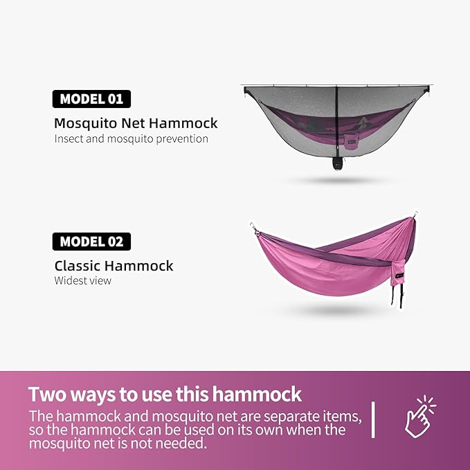 Hammock Anti-Mosquito System - Includes Double Hammock and Bug Net - Set of Essentials for Camping Hiking (Pink Hammock + Bug net)