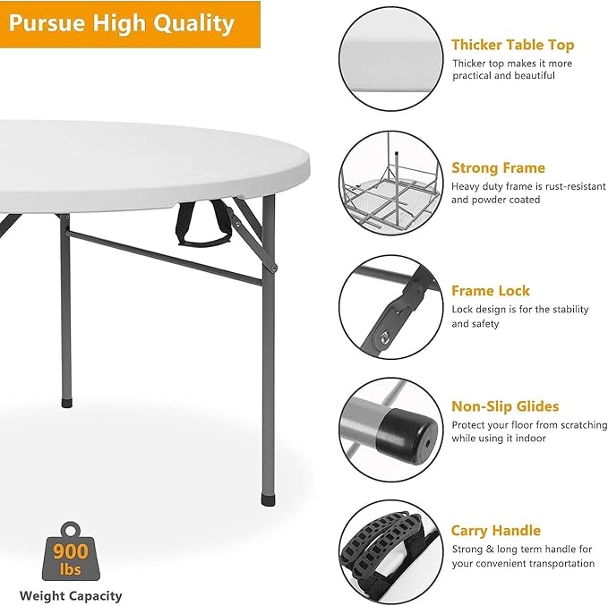Camping Table 48 Round Bi-Folding Commercial Table 4 Feet Portable Plastic Dining Card Table for Kitchen or Outdoor Party Wedding Event 1-Pack(Quantity 1)