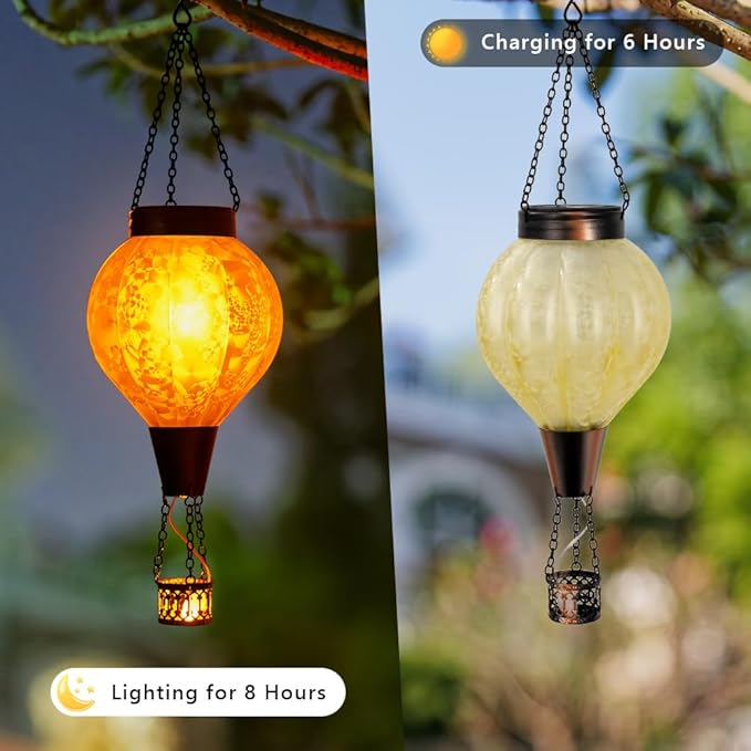 2 Pack Hanging Solar Air Balloon Lantern Outdoor Waterproof Hot Air Balloon Solar Lantern Flickering Flame Outside Decor for Garden Yard Patio Solars Lights Gifts for Mom Grandma（yellow）