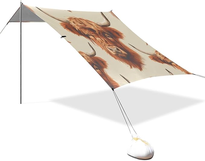 Highland Cows Beach Tent Sun Shelter 9.2' x 10.5' Beach Canopy with 4 Sandbags 4 Stability Poles Sand Shovels - Tent Canopy for Beach Camping Fishing Picnics