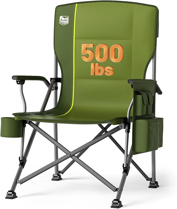 Timber Ridge 500lbs Oversized Folding Camping Chair Heavy Duty Lawn Chair for Adults Portable Collapsible High Back Chair with Cup Holder Side Pocket Cooler Bag for Outdoor Sports Green