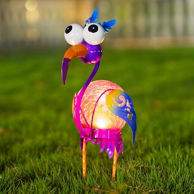 Funny Birds Solar Lanterns Outdoor Waterproof LED Solar Lights Crackle Glass Decorative Crane Tabletop Lantern Garden Yard Art Patio Porch Decor Gift for Women Moms (Purple)