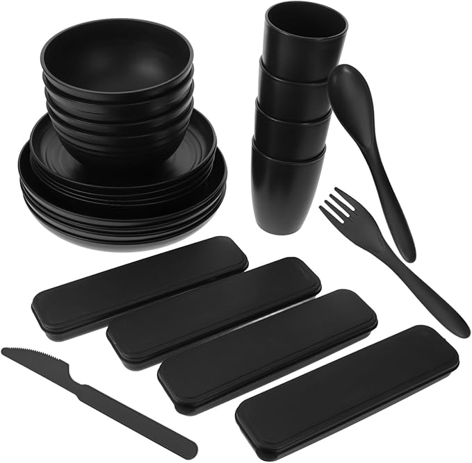 4sets Black Camping Picnic Utensil Bowl Plate Cup Cutlery Case Modern Portable Dinnerware for Outdoor