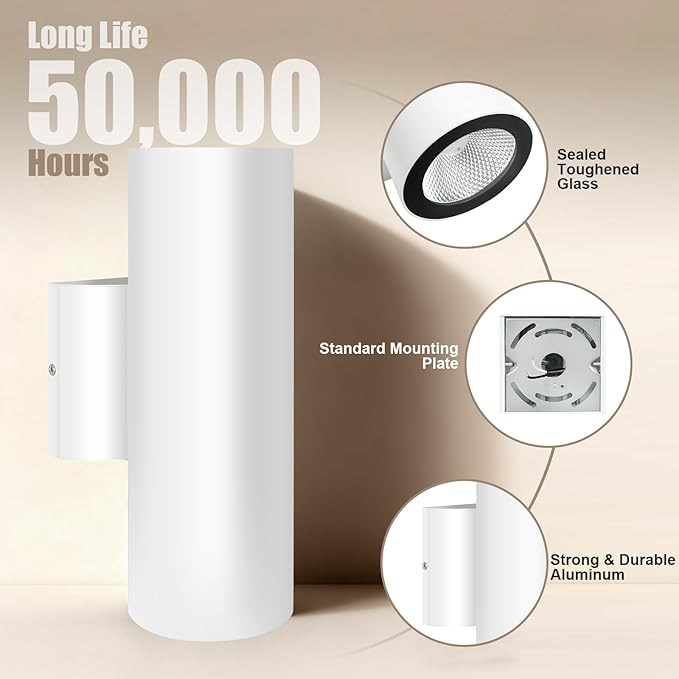 Porch Light in 2 Lights Cylinder Wall Lights 10.24 2 Pack Up Down Lights 2700K Warm White Waterproof Wall Sconce Aluminum Exterior Light Fixture Wall Mount White