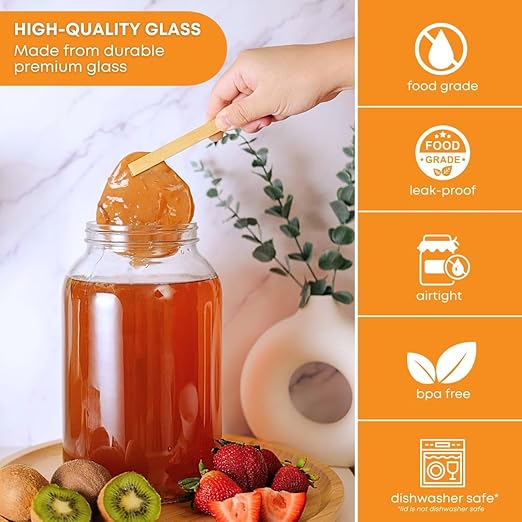 FastRack 1 Gallon Mason Jar with White Airtight Lid (Pack of 4) | Regular Glass Canisters with Airtight Lids | Large Mouth Glass Jar for Food Storage Canning Fermentation Pickling