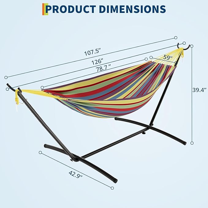 Double Hammock with Space Saving Steel Stand Included-2 Person Camping Hammock with Carry Bag Outdoor Portable Hammocks 450lb Capacity Standing Hammocks for Garden Yard(Yellow Rainbow)